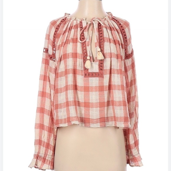 Free People Honey Grove peasant topsmall 100% cotton top small checked - Picture 1 of 4